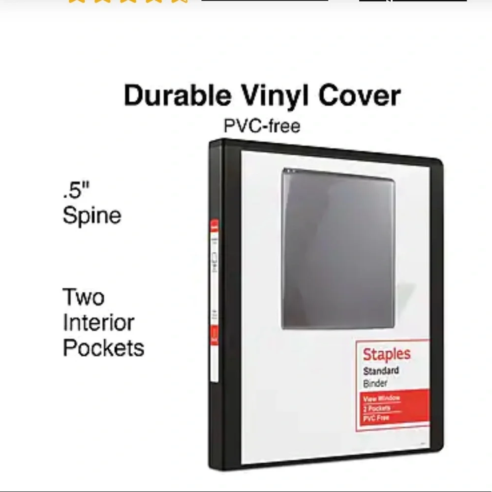 NWT Staples Standard 1/2” Hard Binder with two internal pockets